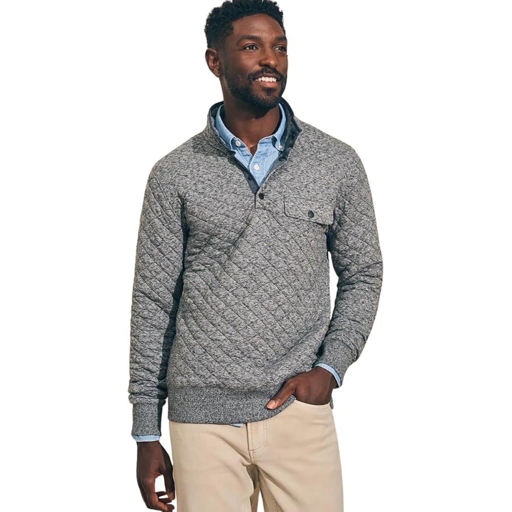 Faherty Epic Quilted Fleece Pullover Mens XL Gray Heather Mock Neck Snap Sweater